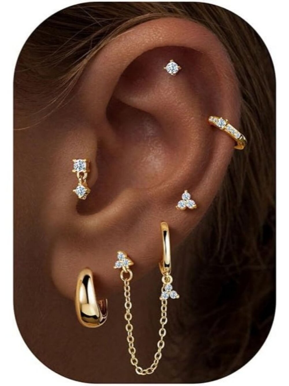 Women's Gold Earring Dangle Chain Dainty Huggie Flat Back Cubic Zirconia